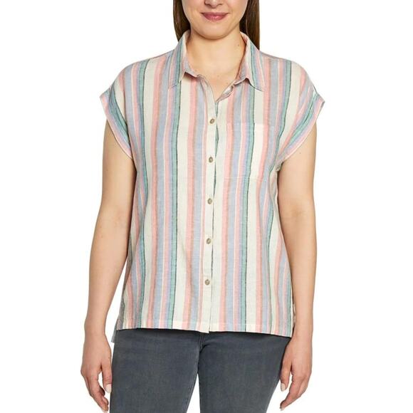 NWT Orvis Women's Button Front Short Sleeve Stripe Linen Blend Shirt - Picture 1 of 6
